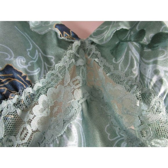 Green Satin Blue Roses Lace Chiffon Trim Negligee Medium Secret Treasures EUC - Picture 4 of 12